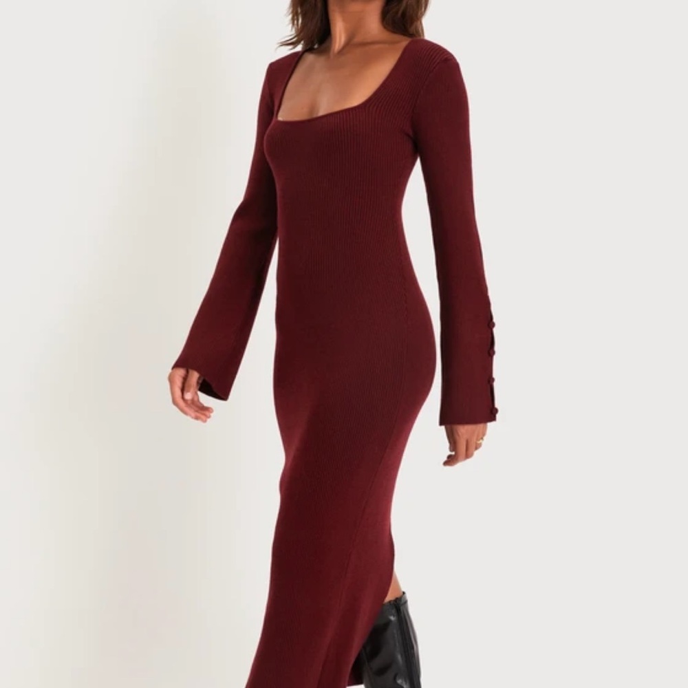 Lulu's Classy Attitude Burgundy Ribbed Square Neck Midi Sweater Dress